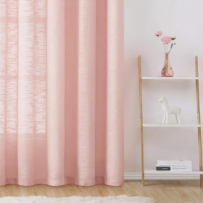 FMFUNCTEX Linen Semi Sheer Curtains for Living Room, Blush Pink Curtains 108 Inches Long for Bedroom, Farmhouse Sheer Extra Long Drapes, Light Filtering Windows Curtain Panels, Grommet Top 2 Panels