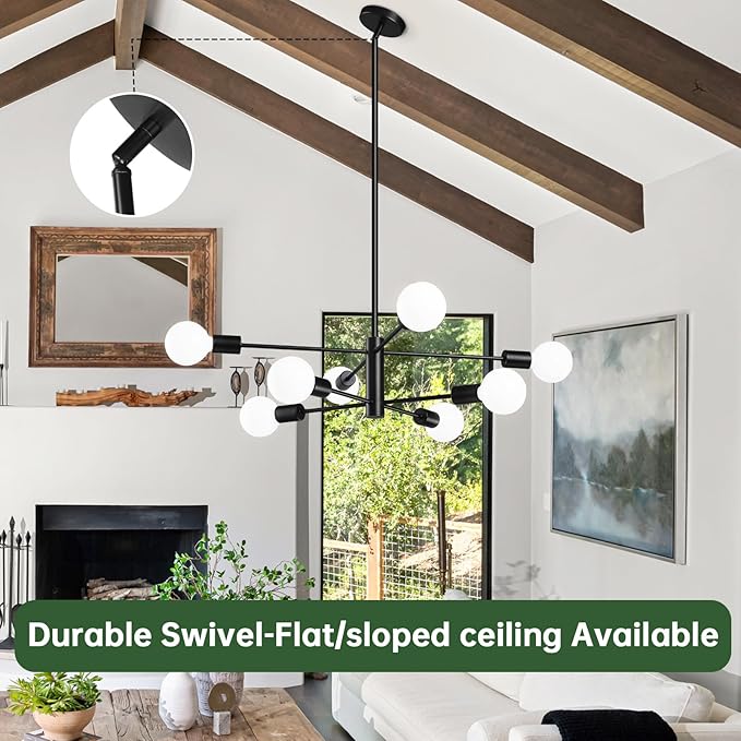 Modern Sputnik Chandeliers Light, 8-Light Black Chandeliers for Dining Room, Height Adjustable Ceiling Lights Farmhouse Chandelier for Kitchen Island Living Room Bedroom