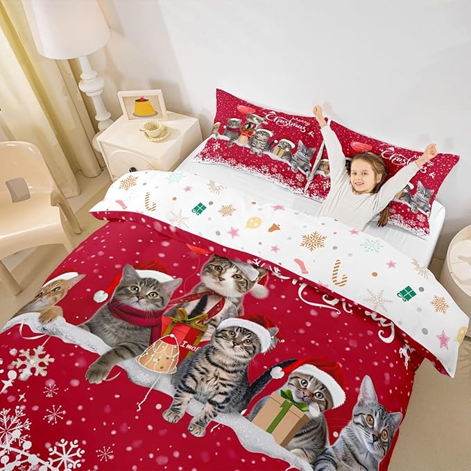 Merry Christmas Cat Bedding Set Xmas Snowflake Pet Cats Duvet Cover For Kids Children Teens Cute Kitten Comforter Cover 3D Animal Red White Bedspread Cover Bedroom Decor Quilt Cover 3Pcs Queen Size