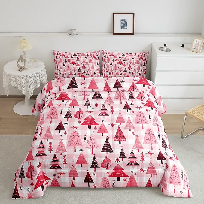 Manfei Cartoon Tree Comforter Set Queen Size, Christmas Theme Bedding Set 3pcs for Kids Girls Adults Bedroom Decor, New Year Pink Plaid Down Comforter Soft Polyester Quilt Set with 2 Pillowcases