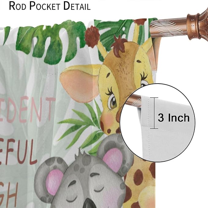 Cartoon Safari Animal Curtains Cute Watercolor Wildlife Jungle Window Treatments for Kids Boys Girls Bedroom Living Room Inspirational Motivational Quotes Nursery Children Drapes W42xL45