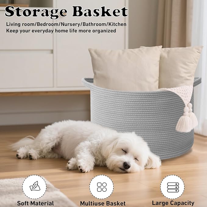 Large Blanket Basket for Organizing,115L Closet Organizers and Storage Bins Box for Shelves Woven Rope Storage Baskets,Living Room,Bedroom,Dorm,Laundry room (Light Grey)