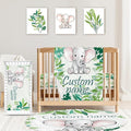 Custom Baby Crib Bedding Set,Personalized Name Green Elephant Theme Nursery Bed Set 4 Piece,Baby Blanket Fitted Sheet Nursery Rug Wall Art Set,Custom Room Decor Idea Gift for Newborns Boys Girls