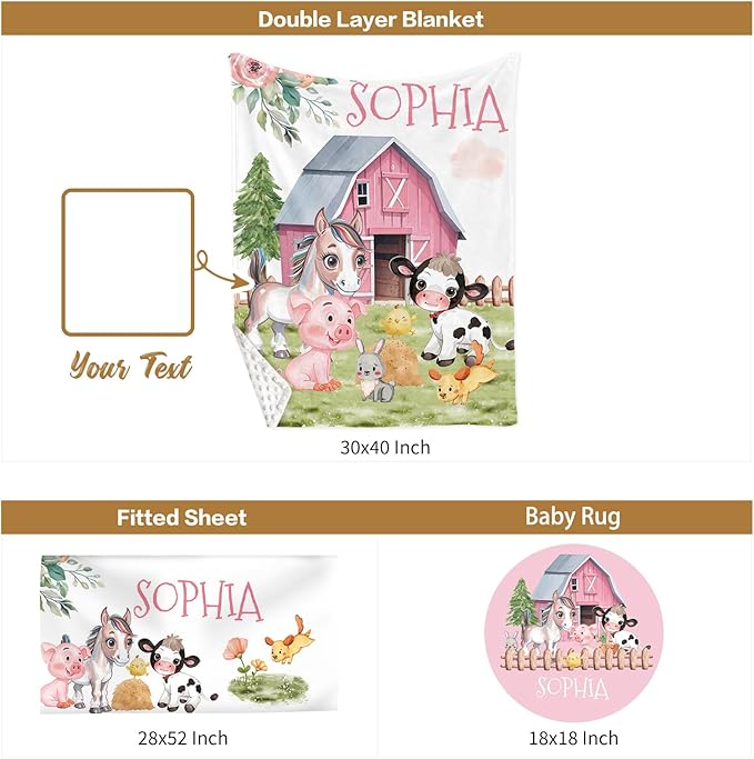 Custom Baby Crib Bedding Set, 3 Pcs Personalized Nursery Bedding Set with Name, Soft Baby Bedding Crib Sets with Blanket - Toddler Crib Sets for Girls Boys, Infant Newborn Gifts, Farm Animals