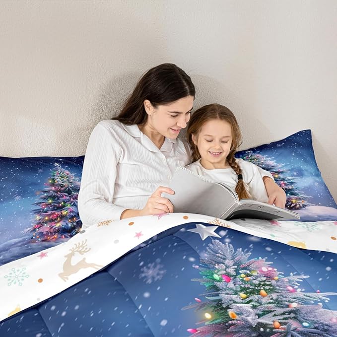 Feelyou Christmas Comforter Set All Season Xmas Tree Bedding Set with 2 Pillow Cases Colored Light Strips Microfiber Kids Queen Bedclothes Snowflake Bedroom Decor Duvet Quilt Breathable Soft