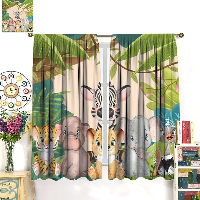 Animals Curtains Colorful Forest Cartoon Cute Zebra Tiger Elephant for Kids Boys Girls Nursery Bedroom Living Room Blackout Rod Pocket Decoration Window Drapes 2 Panels W36xL63in