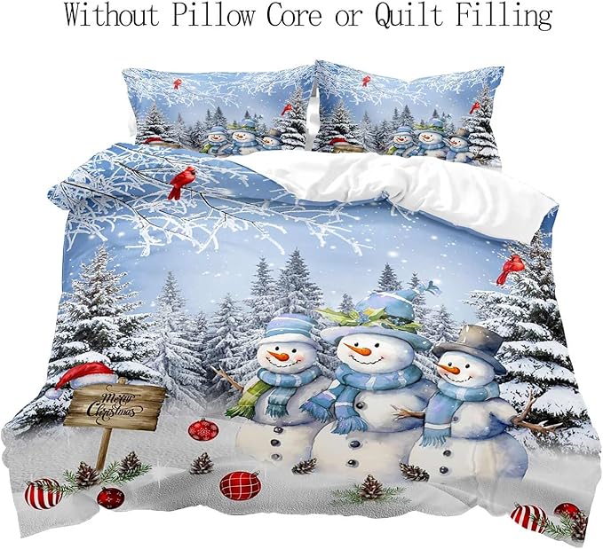 LUVIVIHOME 2PCS Snowman Duvet Cover Twin Bedding Sets, Boys Girls Kids Bedding, Red Cardinal Bird Santa Hat Xmas Balls Christmas Tree Winter Holiday Light Blue Christmas Comforter Cover, 1 Pillow Case