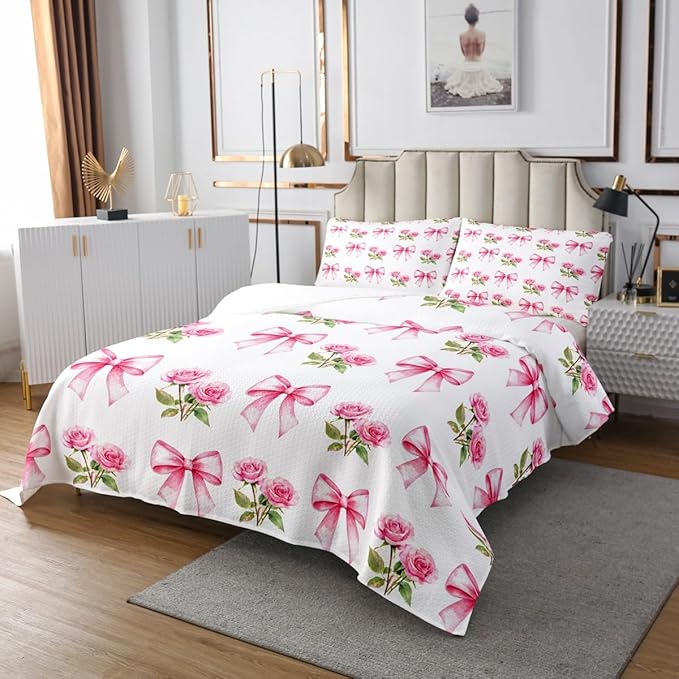 Pink Bowknot Kids Bedspread Queen Size,Rose Flowers Valentine's Day Romantic Coverlet Set,Girls Women Room Decor,Pink Bow Tie Knot Princess Quilted Coverlet,Dreamy Bedding Quilt,2 Pillowcases