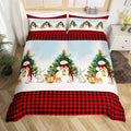 Manfei Red Plaid Duvet Cover Set King Size, Snowman and Xmas Tree Print Bedding Set 3pcs for Kids Boys Girls Bedroom Decor, Christmas Theme Comforter Cover with 2 Pillowcases,No Comforter