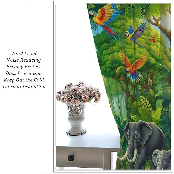 Animals Window Curtain Cartoon Jungle Forest Elephant Lion Print Curtains for Kids Boys Girls Nursery Baby Bedroom Playroom Home Decor Window Drapes 63" W X 63" L