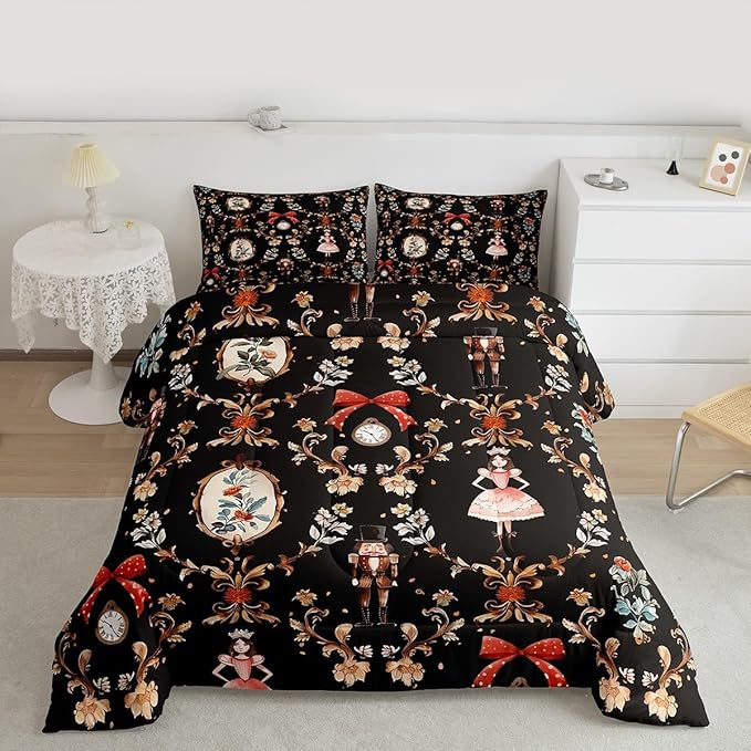 Feelyou Christmas Kids Comforter Set Queen Size Nutcracker Bedding Set Soldier Royal Guarder Princess Duvet Quilt for Kids Boys Girls Bedroom Flower Bow Decor Microfiber Ultra Soft Breathable