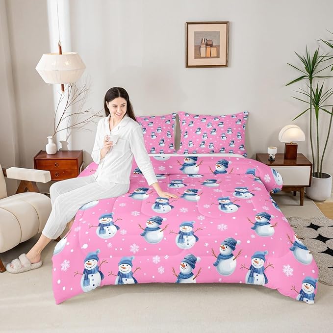 jejeloiu Kids Cute Winter Snowman Comforter Set Full Size Pink Christmas Theme Bedding Set for Boys Girls Teens Xmas Snowflake Happy New Year Duvet Quilt Room Decor