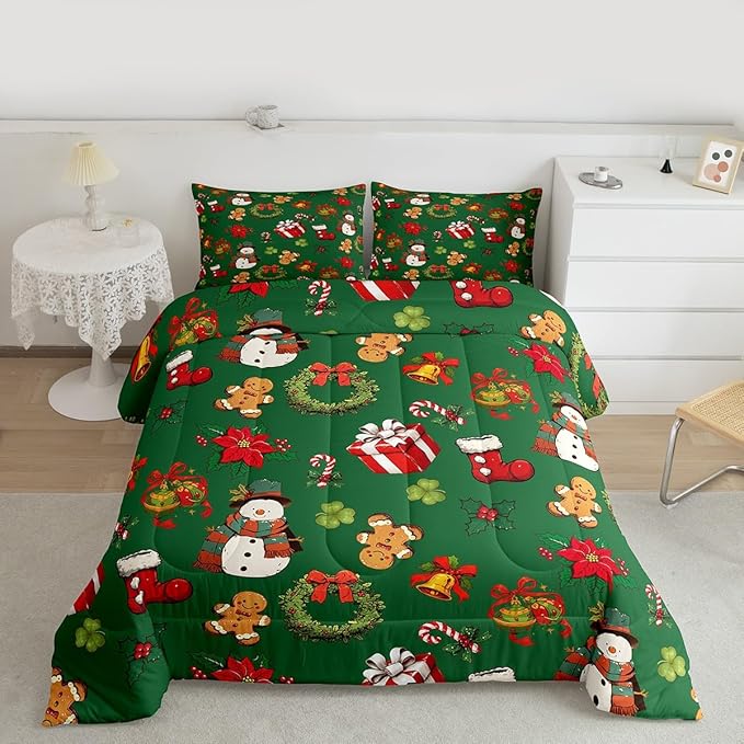 jejeloiu Merry Christmas Comforter Set Toddler Size Cute Snowman Bedding Set for Kids Boys Girls Gingerbread Man Duvet Quilt Green Bedroom Decor