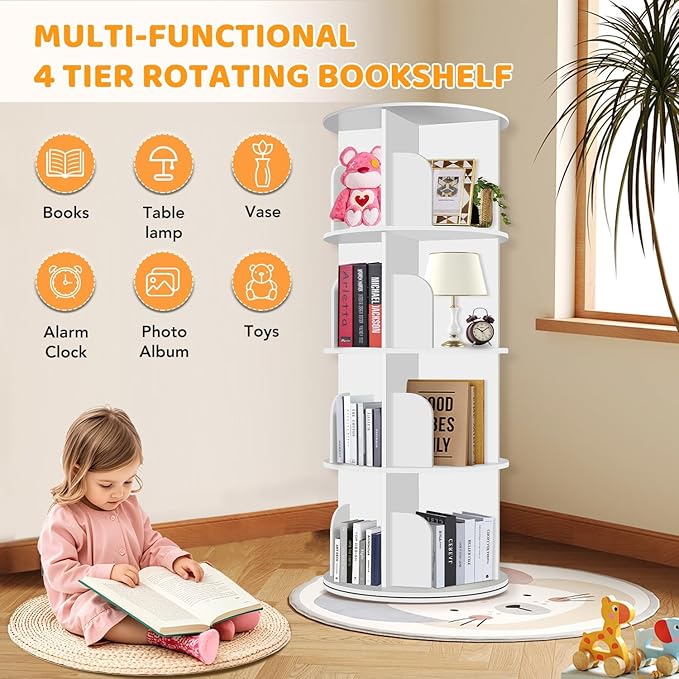 4 Tier Rotating Bookshelf Tower, Spinning Bookshelf, Revolving 360° Bookcase Storage Round Carousel, Vertical Rotate Turning Spiral Corner Organizer Lazy Susan, White