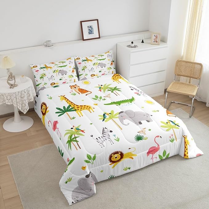 Feelyou Kids Safari Animal Bedding Set Queen, Nursery Baby Boy Cartoon Lion Jungle Comforter Set Woodland Forest Wildlife Comforter for Kids Boys Girls Kawaii Flamingo Duvet Set 3Pcs