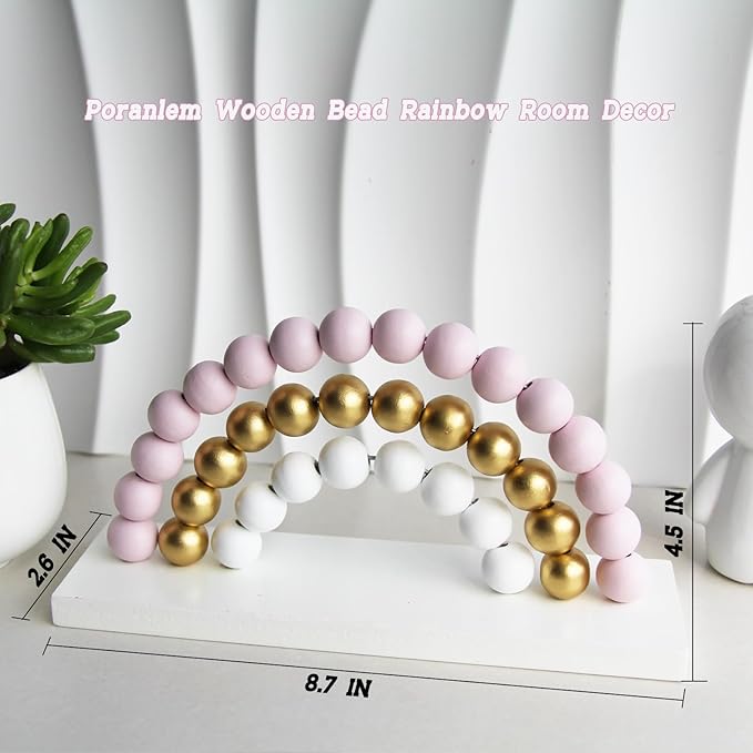 Girl Nursery Decor Rainbow Room Decoration Wooden Pink Bead Baby Gift Cute Wall Shelf Ornament Kids Playroom Boho Decorative 8.66 X 4.5 Inch Table Decor