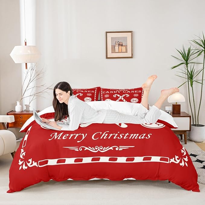 jejeloiu Christmas Bedding Set for Kids Boys Girls Christmas Quote Comforter Cover Set Twin Size Candy Canes Print Duvet Cover Bedroom Decor Xmas Red Bedspread Cover Bedding Collection 2Pcs