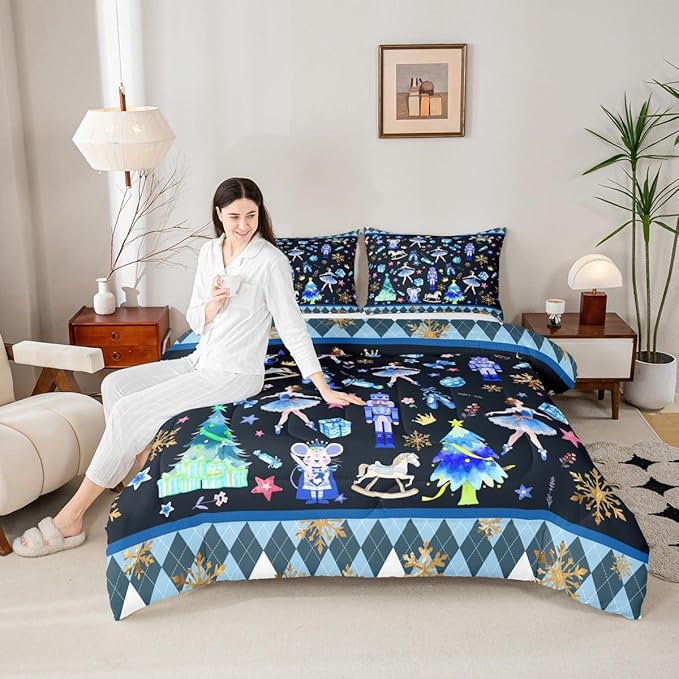 Feelyou Merry Christmas Kids Comforter Set Twin Size Ballet Nutcracker Bedding Set Snowflake Duvet Quilt for Kids Boys Girls Bedroom Decor Microfiber Ultra Soft Breathable