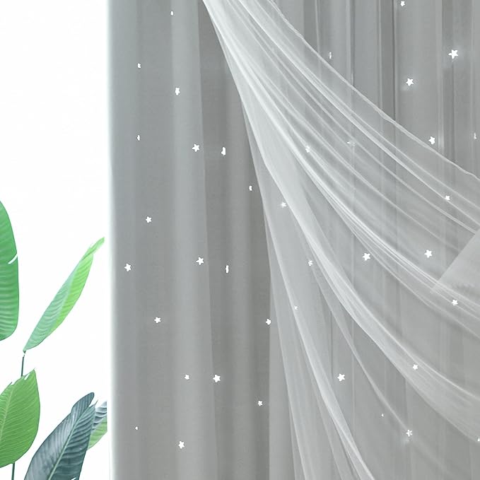 Kinryb Sheer Overlay Curtains for Girls Bedroom,84 Inches Grey Panle,2 Free Tiebacks Double Layer Curtains for Bedroom,Star Cutout Panle for Kids Room(52W*84L Inches,2 Panel Greyish White)