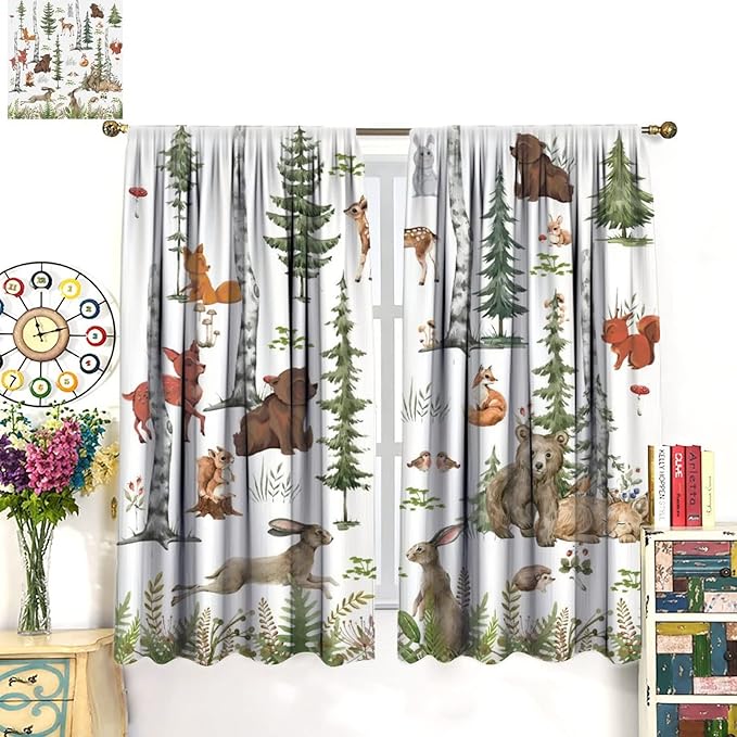 Animal Kids Curtains, Woodland Squirrel Rabbit Bear Animal Friends Forest Curtains for Boys and Girls Bedroom Living Room Kitchen 42x45 Inch
