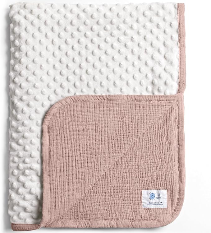 lulumoon Muslin Baby Blanket for Girls: Minky Dot Backing Thermal - Newborn Blanket for Baby Shower & Registry Gift 30"x40"(Sand)