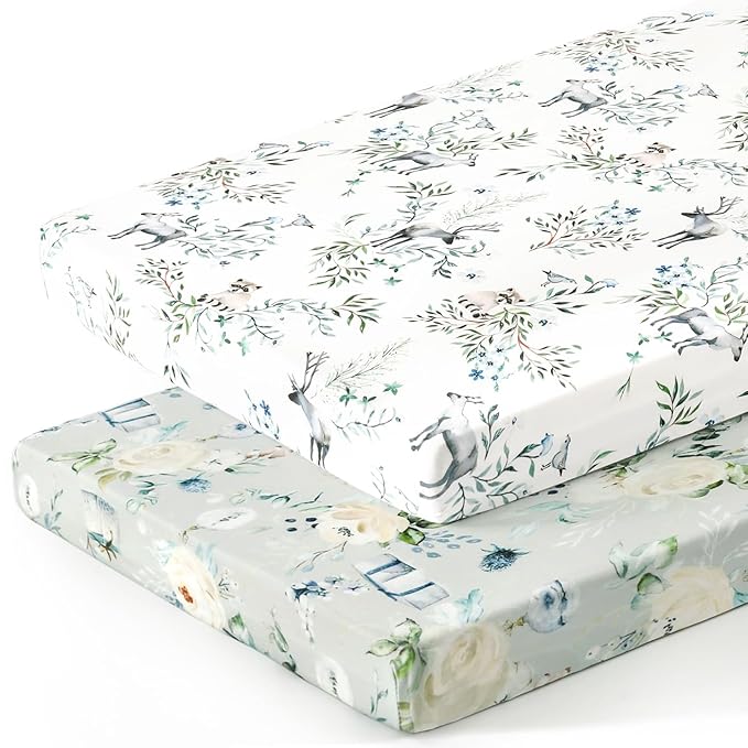 Pack n Play Sheets Fitted 2 Pack, Stretchy Ultra Soft Jersey Knit Pack and Play Sheets, Universal Fitted Portable/Mini Crib Mattresses Snug and Safe, Stylish Print