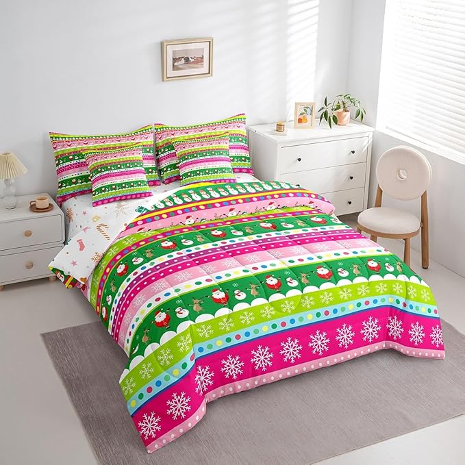 Christmas Bed Set Snowman Christmas Reindeer Print Comforter Set with Sheets Xmas Santa Claus Bed in a Bag for Kids Girls New Year Theme Bedding Set Bedding Full Size