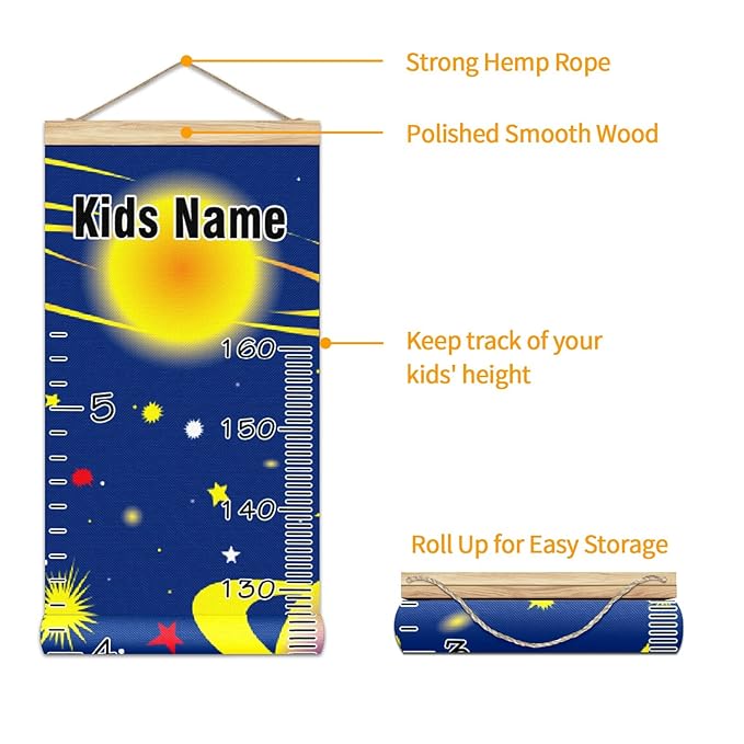 Personalized Kids Name Growth Chart Ruler for Wall Wood Frame Height Measure Chart 13.4x56 in Linen Hanging Height Growth Chart Cartoon Planets Star Solar Kids Room Decor