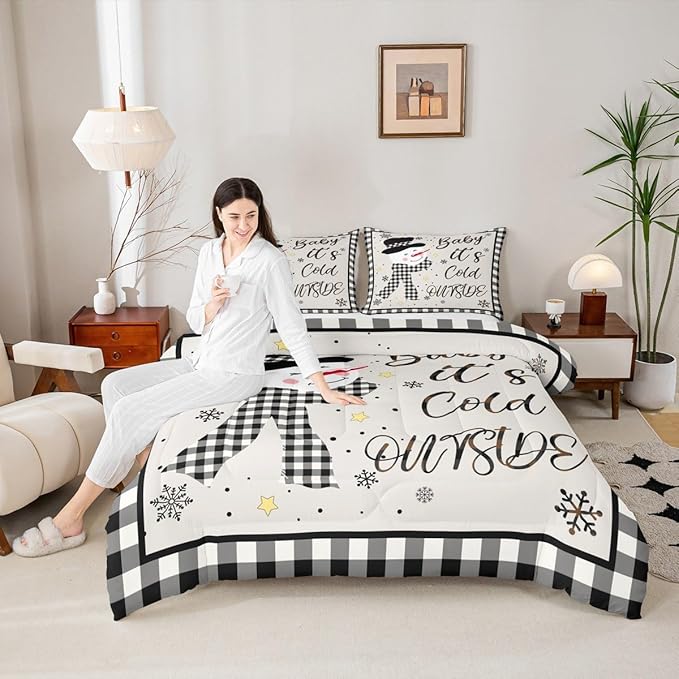 Kids Christmas Snowman Comforter Set Twin Size,Snowflake Winter Bedding,Girls Boys Adults Bedroom/Xmas Cabin Decor,Geometric Grids Lattice Down Comforter,Rustic Vintage Duvet Insert,1 Pillowcase
