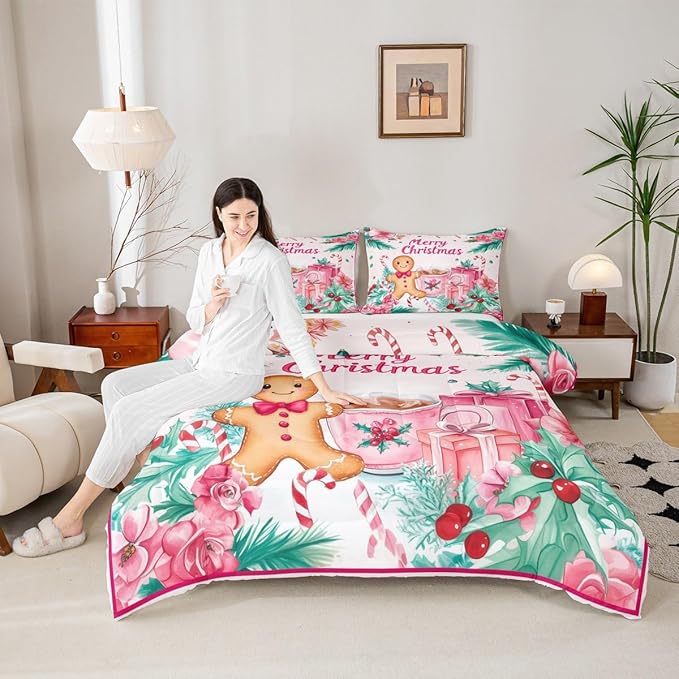 Feelyou Gingerbread Man Kids Comforter Set Queen Size Merry Christmas Bedding Set Christmas Decor Duvet Quilt for Kids Boys Girls Bedroom Xmas Decor Microfiber Ultra Soft Breathable