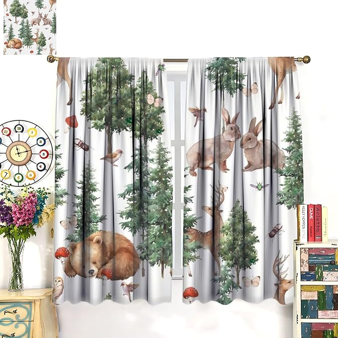YCness Forest Animal Curtains, Wild Animals Watercolor Woodland Bear Rabbit Cartoon Window Treatments for Kids Bedroom Living Room Kitchen Living Room Drapes, 63x63 Inch