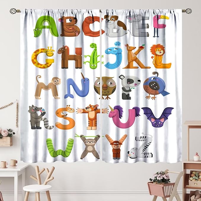 Kids Alphabet Curtains Cartoon Animal Baby Children Funny Learning Educational Curtain with Rod Pocket for Bedroom Nursery Decor Drapes Window Treatments 2 Panels Set 72x63in
