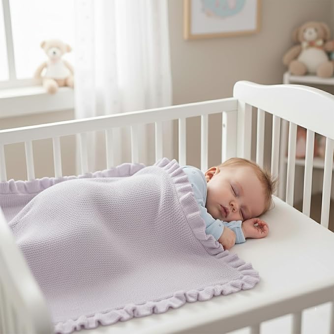 Cotton Baby Blanket with Ruffle Edge Soft Breathable Newborn Blanket for Boys & Girls, Lightweight Knit Throw for Crib, Stroller & Nursery Multiple Colors Available Lilac 28x36
