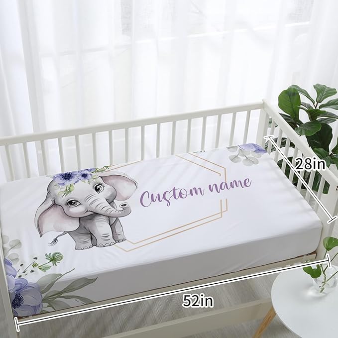 Custom Baby Crib Bedding Set,Personalized Name Purple Flower Elephant Nursery Bed Set 4 Piece,Baby Blanket Fitted Sheet Nursery Rug Wall Art Set,Custom Room Decor Idea Gift for Newborns Boys Girls