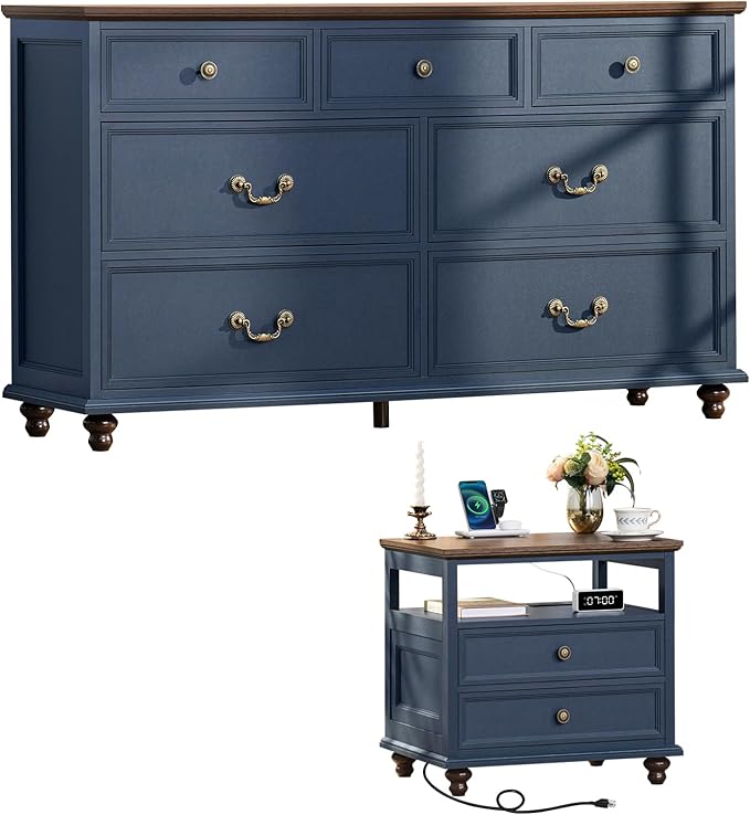 Farmhouse Dresser and Nightstand Sets, Wood 54" Wide Dresser & 24" Night Stand with Charging Station, 2 Piece Bedroom Furniture Set, Chest of Drawers for Bedroom, Home, Living Room, Hallway