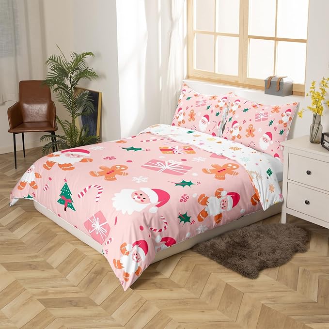 Feelyou Merry Christmas Bedding Set Cookies Candy Duvet Cover Set for Kids Boys Girls Pink Christmas Comforter Cover Quilt Cover Bedroom Collection 2Pcs Twin Size,No Comforter