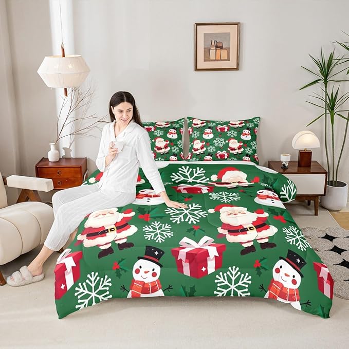 jejeloiu Merry Christmas Comforter Set Twin Size Xmas Santa Claus Bedding Set for Kids Boys Girls Cute Snowman Duvet Quilt Green Bedroom Decor