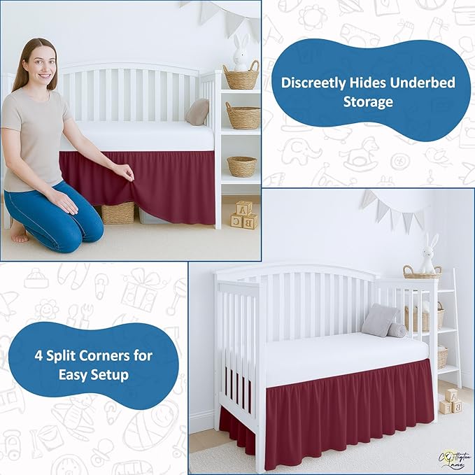 Cottington Lane Burgundy Crib Skirt Dust Ruffle, 100% Natural Cotton, Soft, Durable Nursery Crib Toddler Bedding Skirt for Baby Girls or Boys, Fits Standard Cribs 28" x 52" with 14" Drop