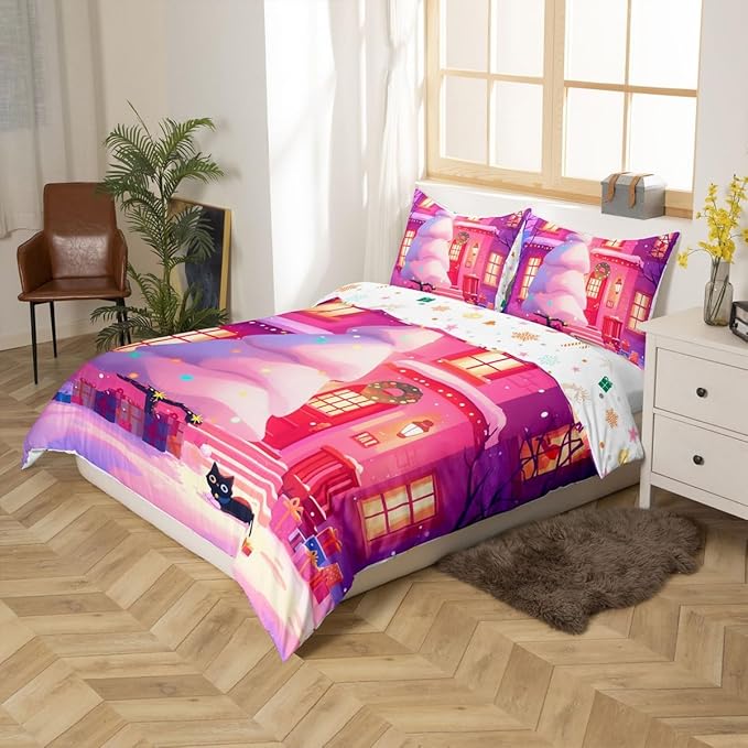 Feelyou Cute Christmas Comforter Cover Set Tree Bedding King Size for Kids Boys Girls Bedroom Bed Decor Xmas Duvet Cover Merry Christmas Bedspread, No Comforter
