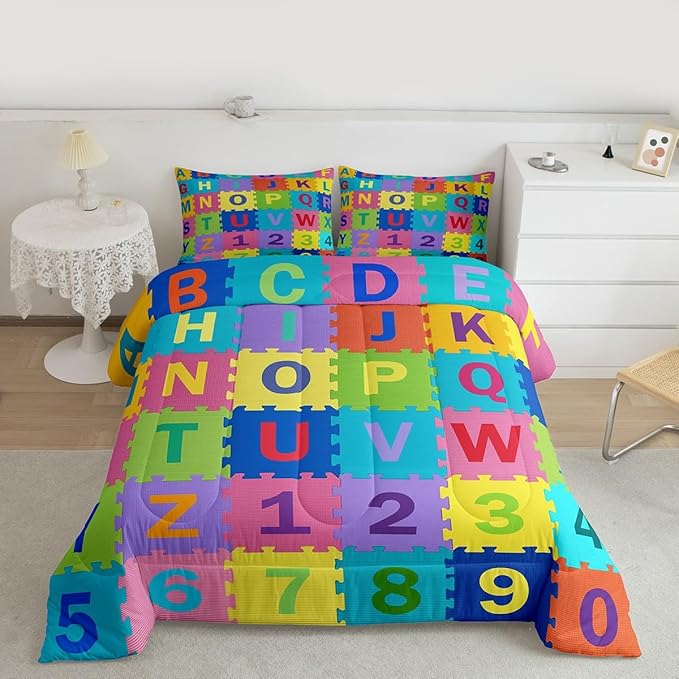 Feelyou Kids Puzzle Alphabet Numbers Comforter Set Queen Size ABC Letters Bedding Set for Kids Boys Girls Educational Duvet Quilt English Learning Bedroom Decor Microfiber 3 Pcs with 2 Pillow Cases