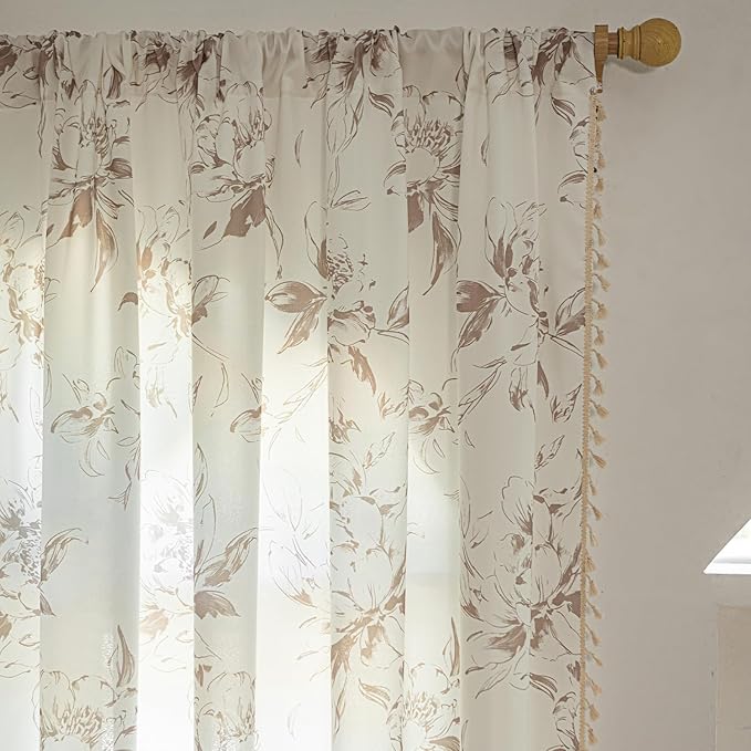 ENJOYBRIDAL Floral 84 Inch Curtains for Bedroom Cute Drapes Boho Semi Sheer Living Room Retro Window Curtain Panels Floor Length Light Filtering Farmhouse Rod Pocket 2 Panels Window Treatments