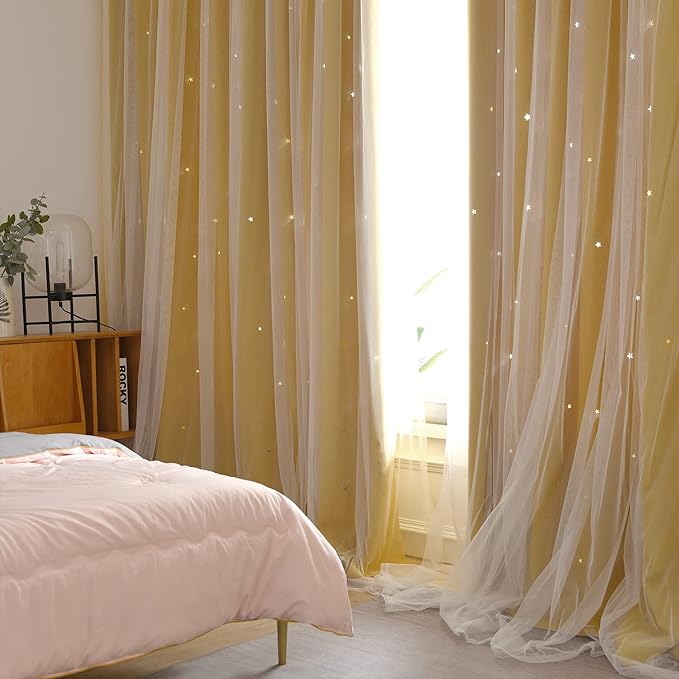 Kinryb Blackout Curtains for Girl Bedroom/Living Room/Classroom, Sheer Overlay Small 2 Panel Set, Double Layer Curtains with Star Cutout for Kids Room(W 52 x L 45 Inches,Yellow 2 Pcs)