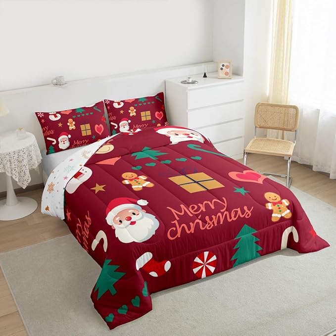 Feelyou Merry Christmas Comforter Set All Season Santa Claus Snowman Bedding Set with 2 Pillow Cases Gingerbread Man Microfiber Kids Full Bedclothes Xmas Tree Deer Bedroom Decor Duvet Quilt Soft