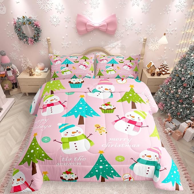 Erosebridal Merry Christmas Comforter Set for Kids,Pink Xmas Decor Bedding Set Toddler Size,Cartoon Snowman Quilts Christmas Tree Down Comforter for Girls Boys Teens Bedroom Decor