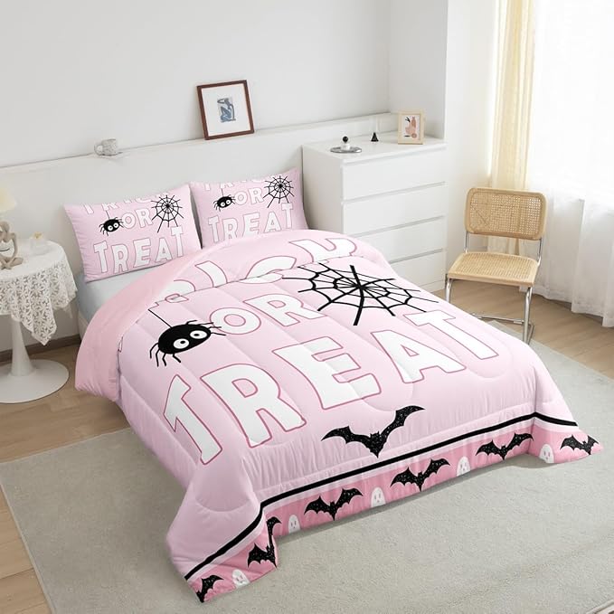 Erosebridal Happy Halloween Comforter Set Toddler Size Spider Web Bedding Set Bat Ghost Quilt for Kids Boys Girls Teens Cartoon Style Bedding Comforter Sets with 1 Pillow Case