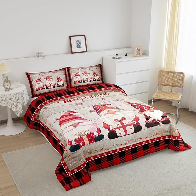 Manfei Christmas Gnomes Comforter Set King Size, Rustic Wooden and Red Plaid Xmas Down Comforter with 2 Pillowcases, New Year Theme Bedding Set 3pcs for Kids Boy Girls Lightweight Duvet Insert