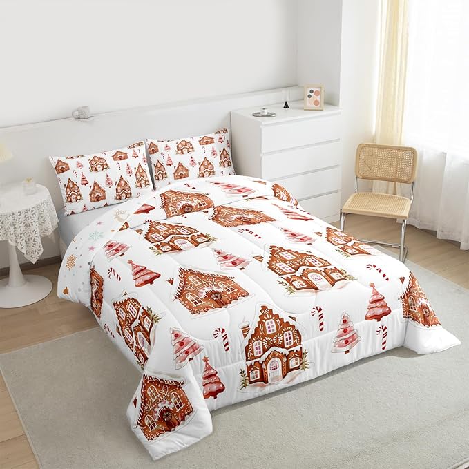 Feelyou Merry Christmas Comforter Set Queen Size Gingerbread House Bedding Set for Kids Boys Girls Xmas Tree Duvet Quilt Candy Cane Bedroom Decor Microfiber 3 Pcs with 2 Pillow Cases