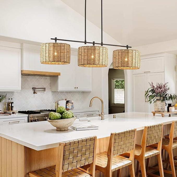 41" Chandelier Woven Rattan Light Fixture with 3 Wicker Lampshades, Large Linear Boho Chandeliers Drum Pendant Lights Kitchen Island