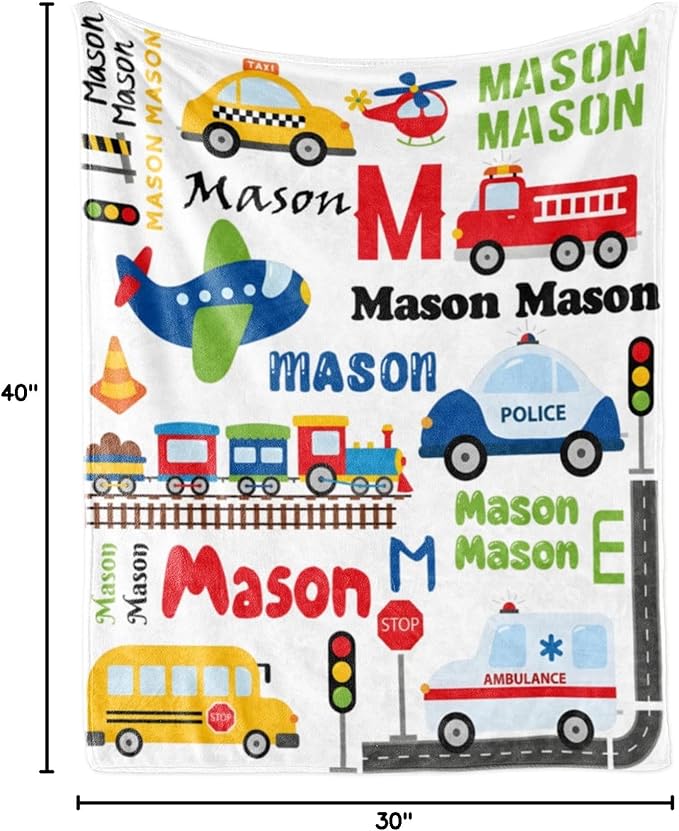 Personalized Blanket with Name for Boys, Traffic Car Transport Custom Name Blanket, Soft Flannel Toddler Blankets Customized Gift for Newborn Baby Shower Birthday-30 x40