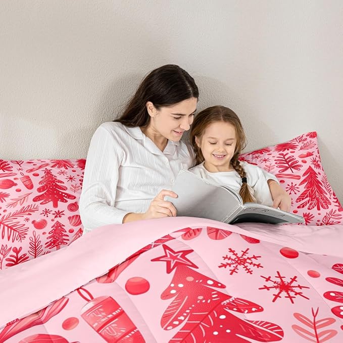 Feelyou Christmas Kids Comforter Set King Size Snowflake Candy Bedding Set Xmas Tree Duvet Quilt for Kids Boys Girls Bedroom Pine Tree Decor Microfiber Ultra Soft Breathable